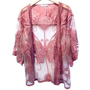 Simply Couture Butterfly Embroidered Sheer Mesh Kimono Cardigan Dusty Rose NWOT